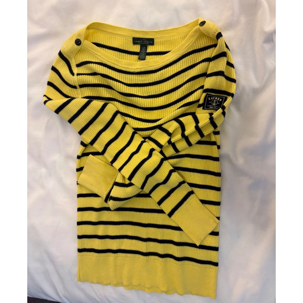 Lauren Ralph Lauren Yellow Navy Striped Ribbed Cotton Sweater Nautical LRL Large